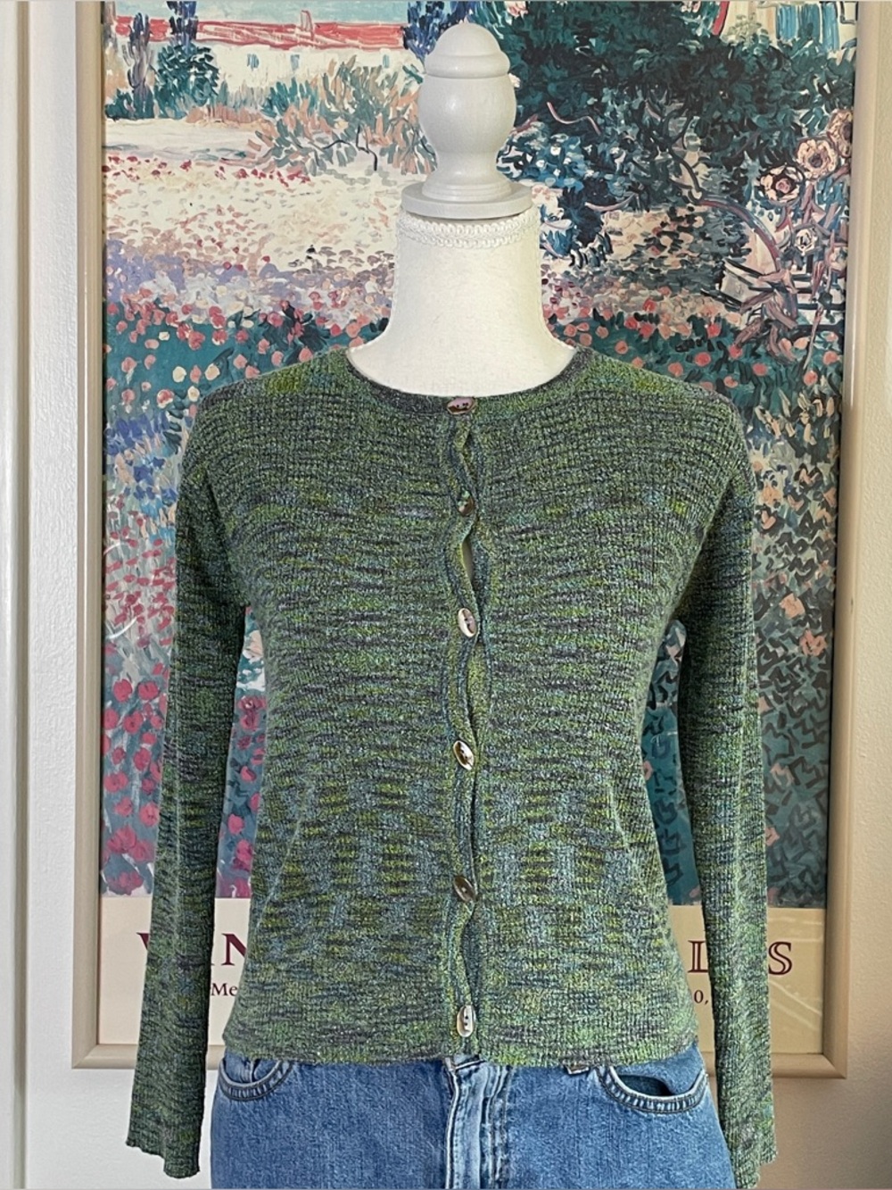 Vintage 90s Green Knit Cardigan Sweater Size Small Button Up Whimsy Boho Cottage